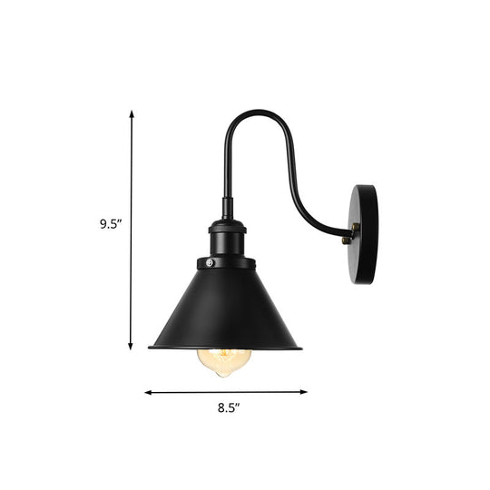 Vintage Gooseneck Wall Sconce With Cone Shade - 1 Light Corridor Fixture In Black