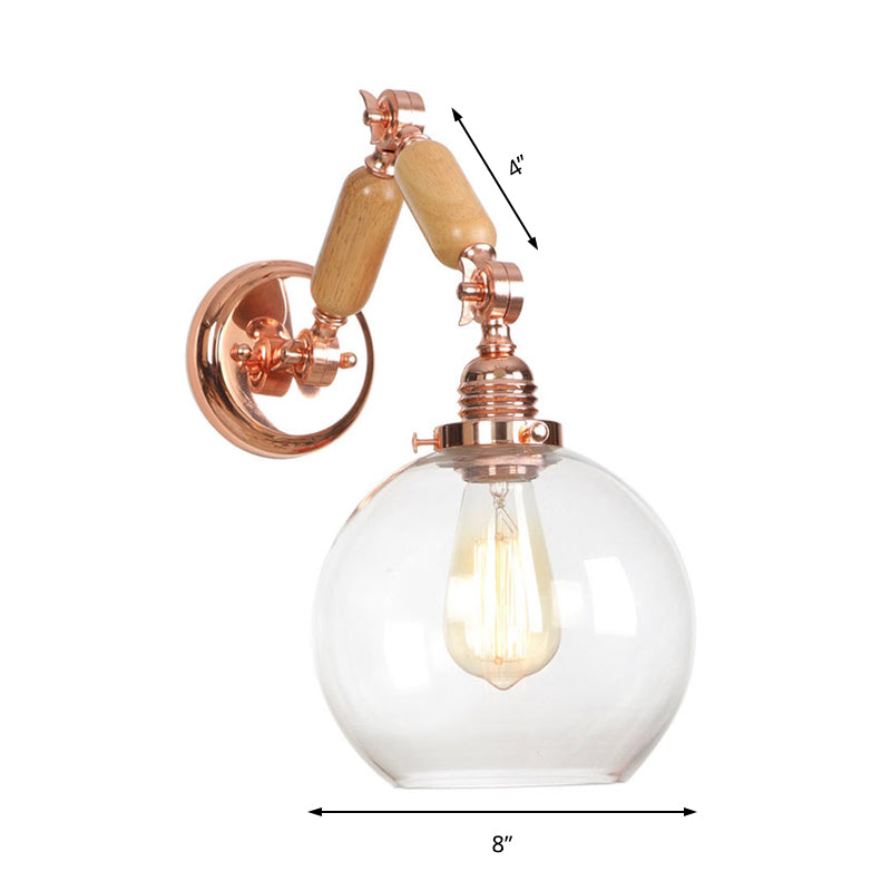 Rustic Rose Gold Wall Mounted Globe Light with Extendable Arm Clear