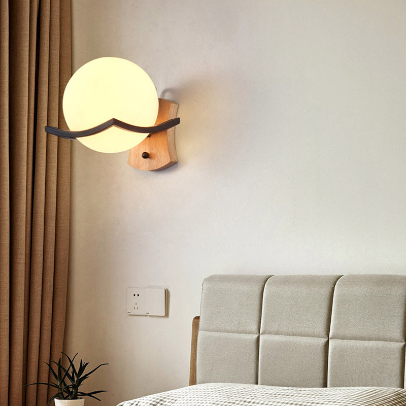Opal Glass Globe Wall Sconce Nordic Single Bulb Lighting Fixture - Elegant Wood Design For Living