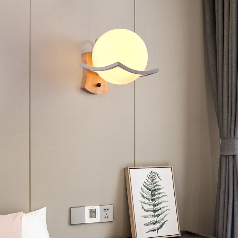 Nordic White Glass Globe Wooden Sconce For Living Room Lighting