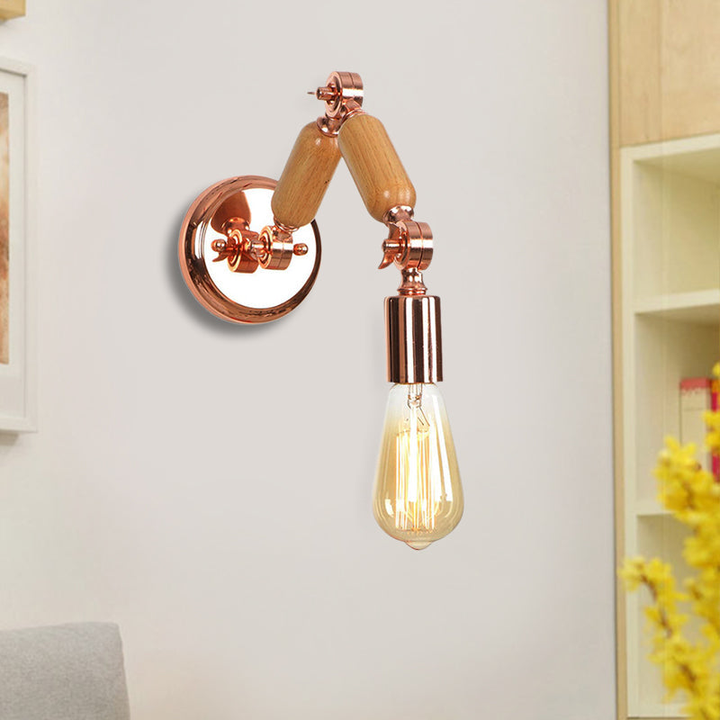 Rustic Rose Gold Wooden Sconce With Industrial Metal And Bare Bulb - Living Room Wall Light