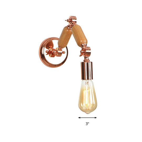 Rustic Rose Gold Wooden Sconce With Industrial Metal And Bare Bulb - Living Room Wall Light