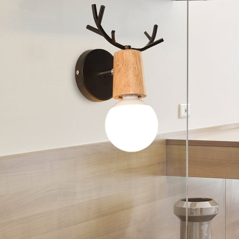 Bare Bulb Sconce With Deer Horn Accent - Modern Black/White Metal And Wood Wall Lamp Black