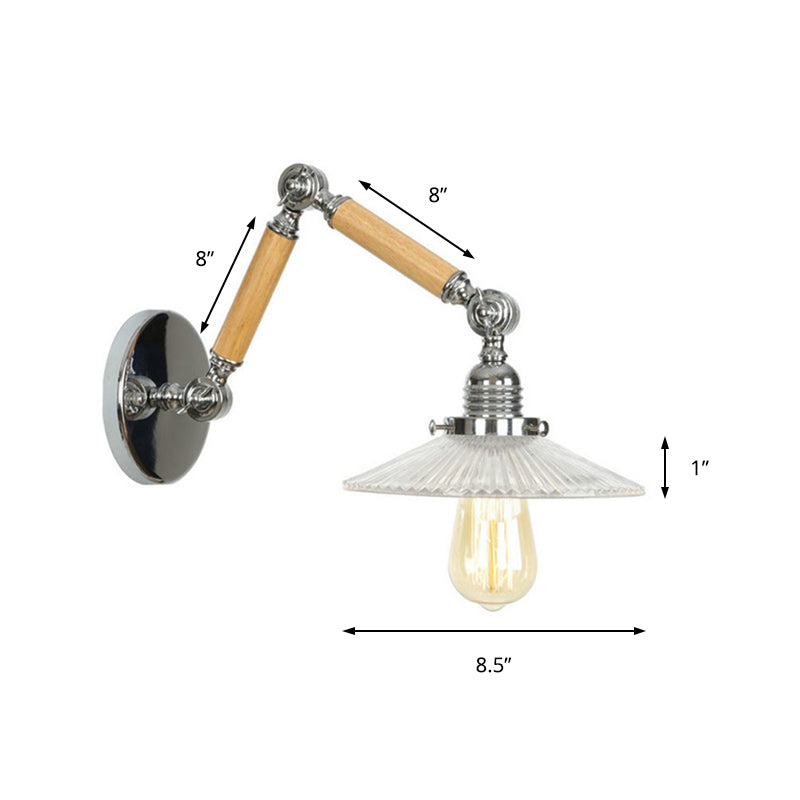 Vintage Ribbed Glass Saucer Wall Sconce With Extendable Wooden Arm For Study Room Lighting