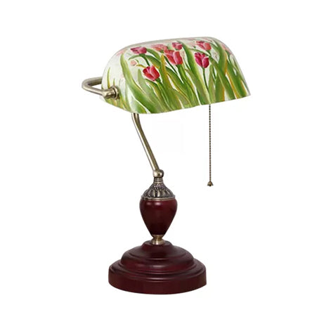 Traditional Rollover Shade Banker Lamp - 1 Light Green/Red/White Glass Desk With Pull Chain For
