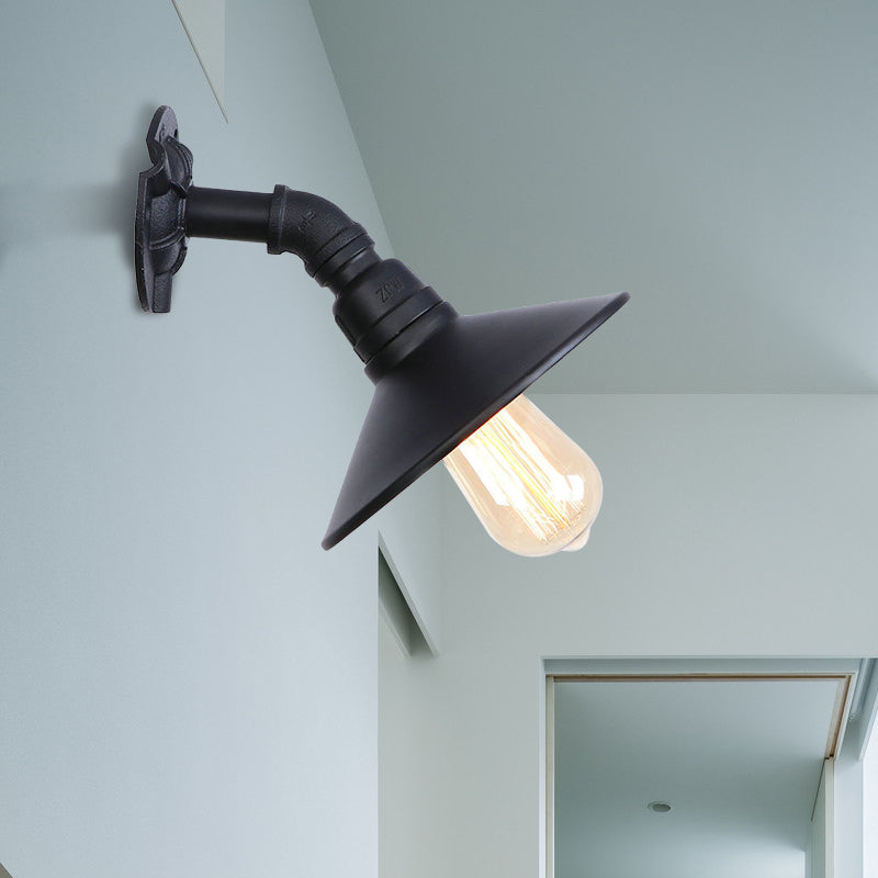 Curved Pipe Metal Wall Mount Sconce With Conic Shade - Industrial Style Hallway Lamp In Black