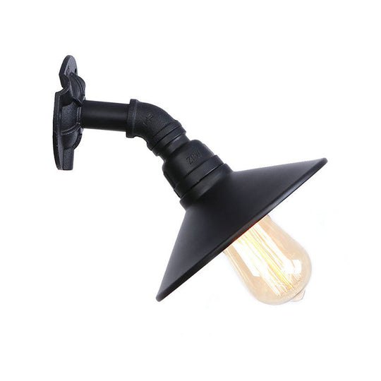 Curved Pipe Metal Wall Mount Sconce With Conic Shade - Industrial Style Hallway Lamp In Black