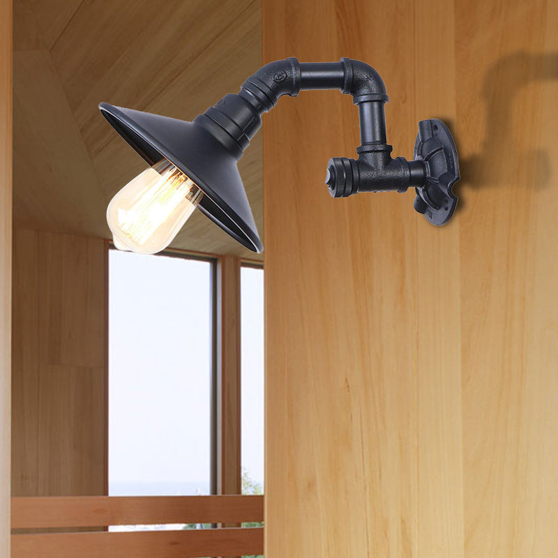 Industrial Metal Wall Light: Matte Black Piped Mount With Cone Shade For Corridor 1 Head
