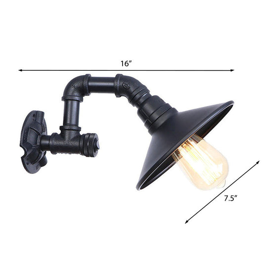 Industrial Metal Wall Light: Matte Black Piped Mount With Cone Shade For Corridor 1 Head