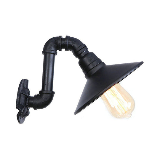 Farmhouse Cone Shade Wall Lamp With Curved Pipe Metallic Sconce In Black Finish