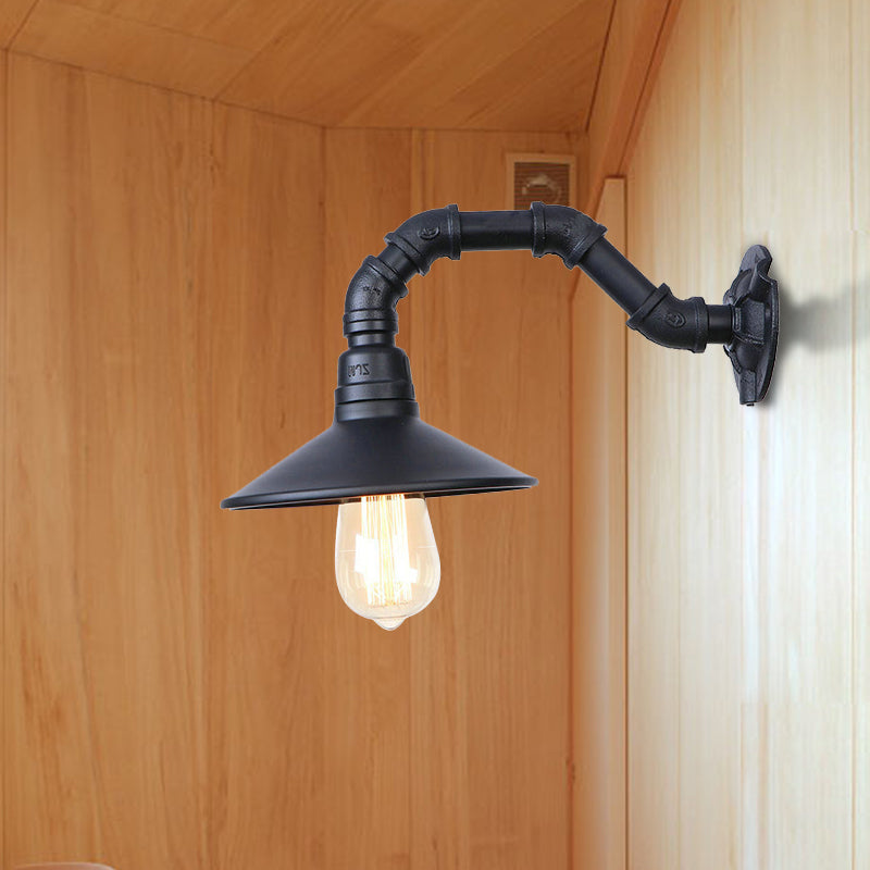 Black Finish Industrial Wall Light With Curved Pipe And Saucer Shade