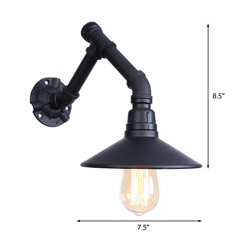 Vintage Conical Wall Sconce Light With Unique Pipe Design - Black Metal Ideal For Bedroom