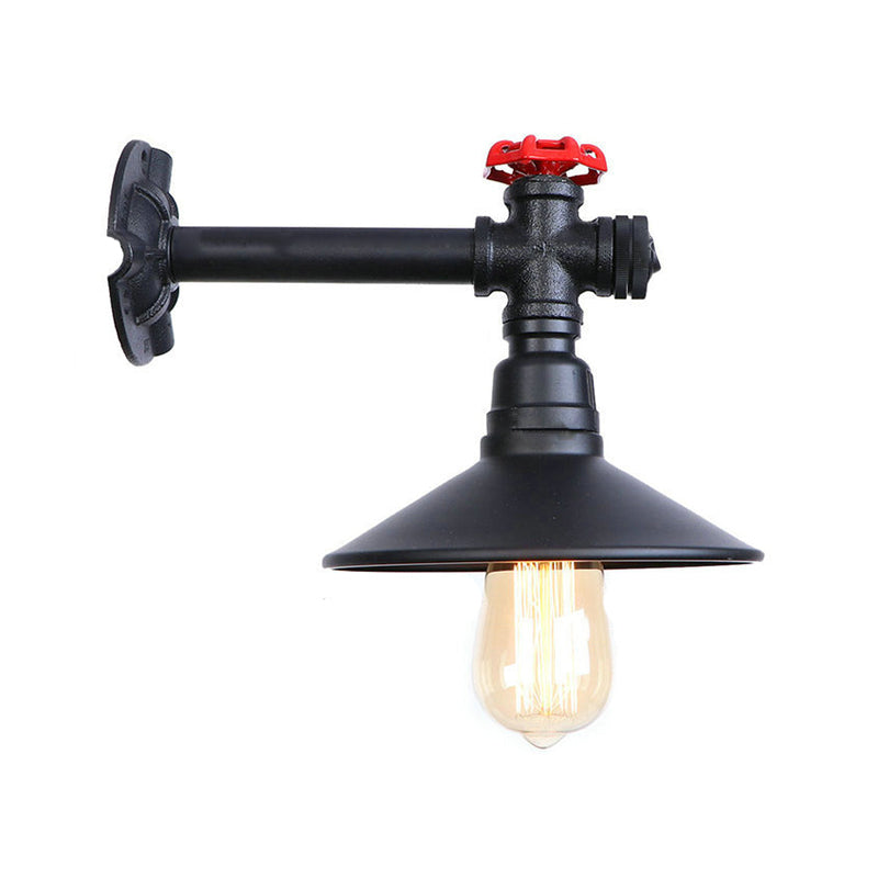 Industrial Plumbing Pipe Wall Sconce With Red Valve Deco - Black Metal Mount Light