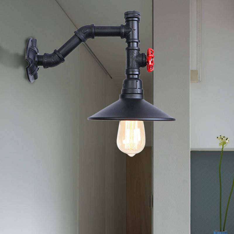 Industrial Flared Wall Lamp Sconce With Plumbing Pipe And Red Valve - Black 1 Bulb