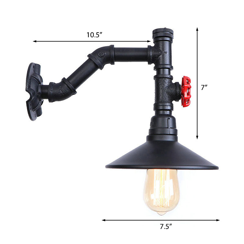 Industrial Flared Wall Lamp Sconce With Plumbing Pipe And Red Valve - Black 1 Bulb