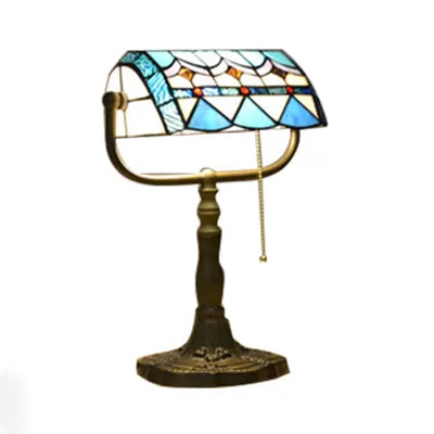 Stylish Blue/Orange Tiffany Table Lamp With Pull Chain & Rollover Shade Blue