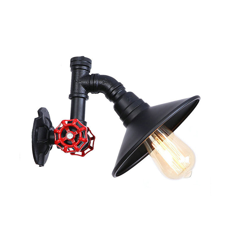 Industrial Rustic Wall Lamp With Black Iron Finish Plumbing Pipe Design Flat Shade And Red Valve