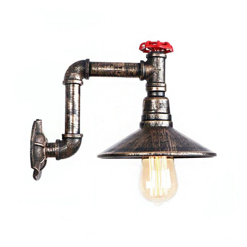 Wrought Iron Water Pipe Wall Lamp With Saucer Shade - Retro Vintage Balcony Sconce Lighting In Aged