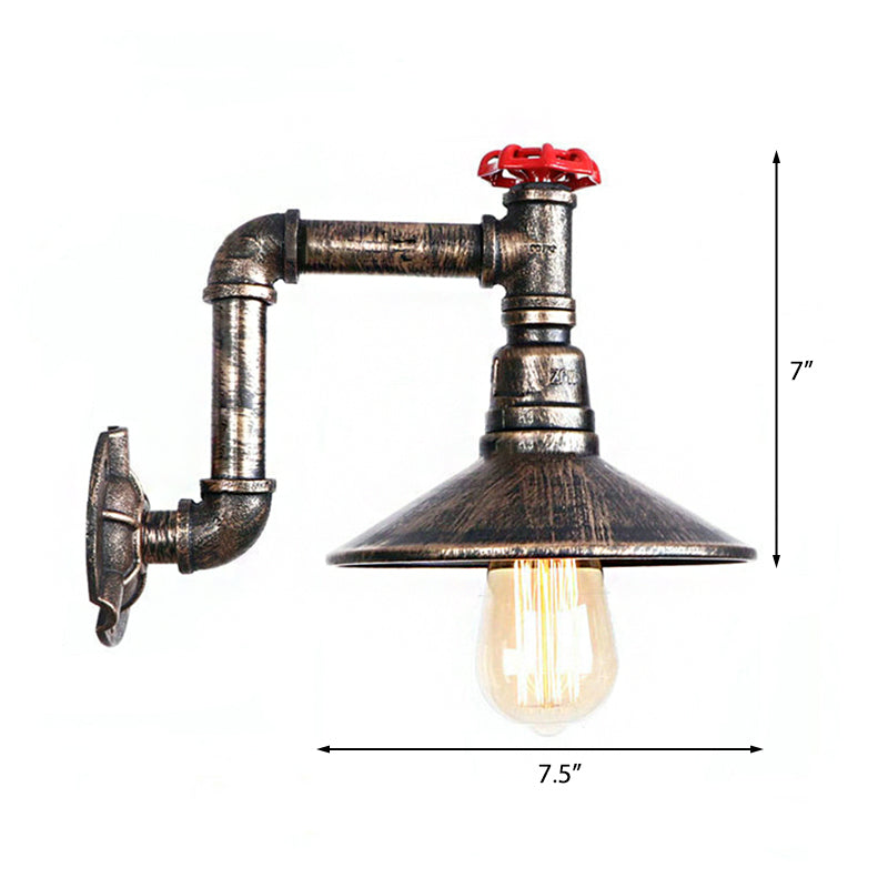 Wrought Iron Water Pipe Wall Lamp With Saucer Shade - Retro Vintage Balcony Sconce Lighting In Aged