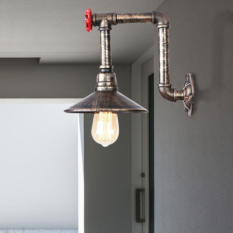 Antique Bronze Metallic Saucer Wall Lamp - Warehouse 1 Bulb Corridor Mount Light With Red Valve And
