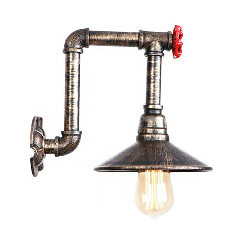 Antique Bronze Metallic Saucer Wall Lamp - Warehouse 1 Bulb Corridor Mount Light With Red Valve And