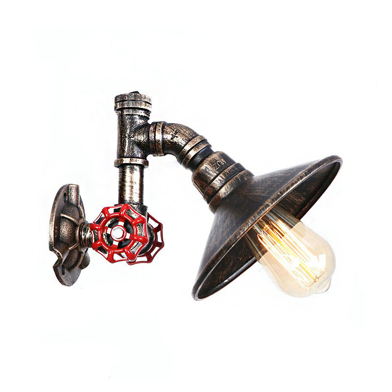 Rustic Aged Bronze Wall Sconce With Flared Shade - Metal Pipe And Valve Accent 1 Light Corridor Lamp