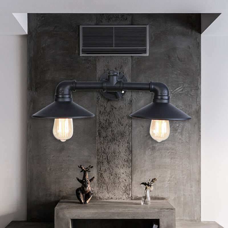 Industrial Metal Flared Shade Wall Lamp - Black 2-Bulb Sconce Lighting For Dining Room With Pipe
