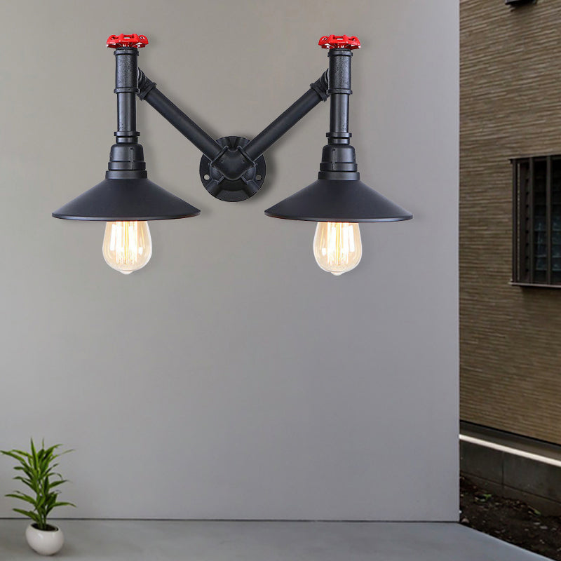 Black Metal Warehouse Style 2-Head Wall Lamp With Saucer Shade And Pipe Valve