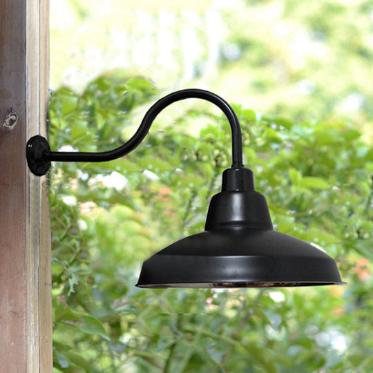 Vintage Black Wrought Iron Wall Sconce With Gooseneck Arm - Porch Lighting Fixture