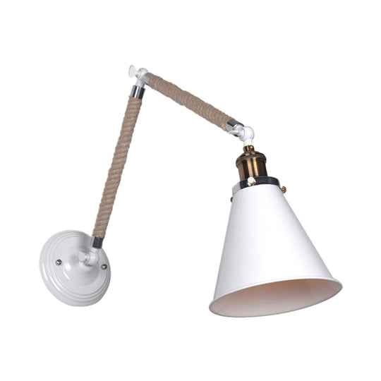 Industrial Style Conical Wall Light Fixture With Adjustable Arm - Metal And Rope Construction 1 Head