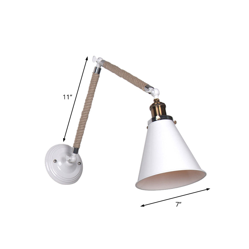 Industrial Style Conical Wall Light Fixture With Adjustable Arm - Metal And Rope Construction 1 Head