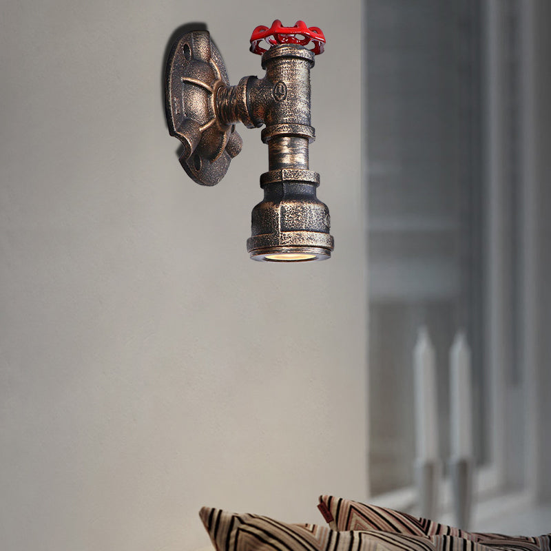 Retro Industrial Bronze Wall Sconce With Valve Wheel & 1 Light Pipe Shade - Indoor Metallic Lamp