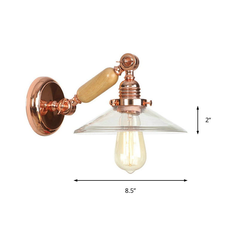 Rustic Rose Gold Cone Wall Sconce With Clear Glass Rotatable Arm 1 Light Living Room Lighting