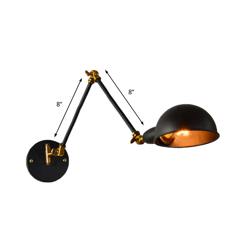 Industrial Dome Wall Sconce With Adjustable Arm For Bedroom Reading - Black Metal