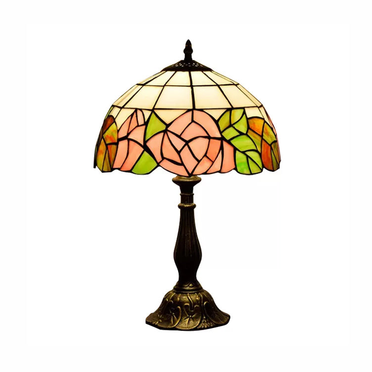 12/16 Pink Rose Tiffany Stained Glass Table Light With 1 In Bronze/Black