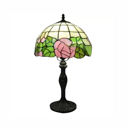 12/16 Pink Rose Tiffany Stained Glass Table Light With 1 In Bronze/Black Black / 12