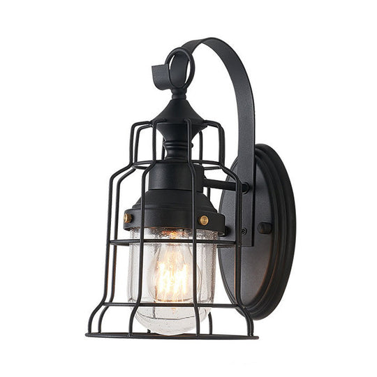 Industrial Black Seedy Glass Wall Sconce With Metal Cage Frame And Bell Shade For Corridor Lighting
