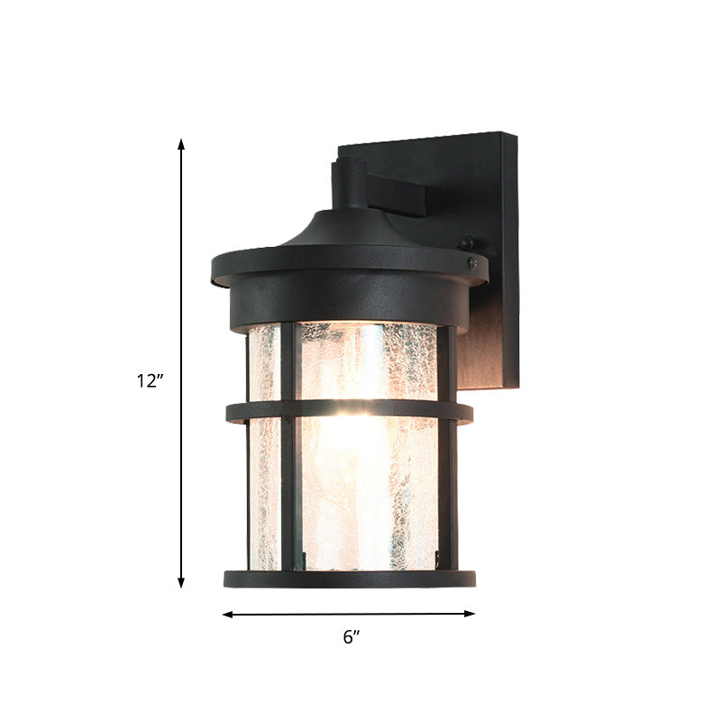 Outdoor Vintage Crackle Glass Cylinder Wall Sconce Lamp - 1 Light Black Fixture 6/8 Wide