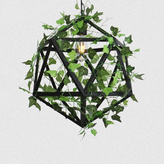 Iron Industrial Chandelier With Greenery And Cage - 3 Light Pendant For Restaurants Green / 14