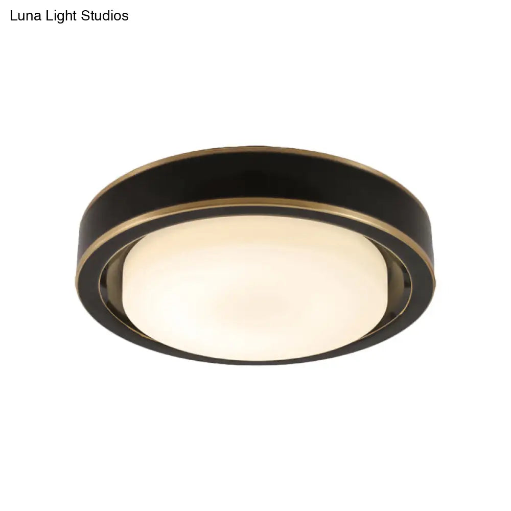 15/19 Black/Brass Drum Ceiling Light Fixture With Classic Frosted Glass And Led For Bedroom - Flush