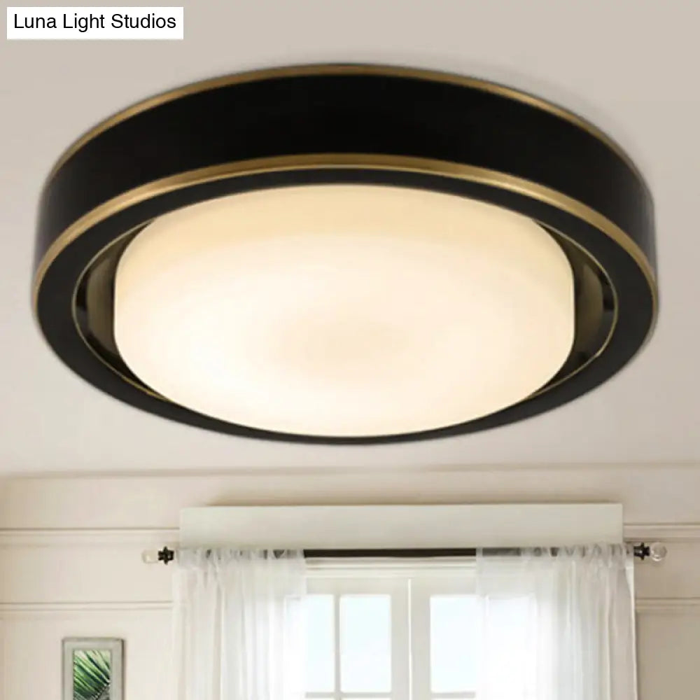 15/19 Black/Brass Drum Ceiling Light Fixture With Classic Frosted Glass And Led For Bedroom - Flush