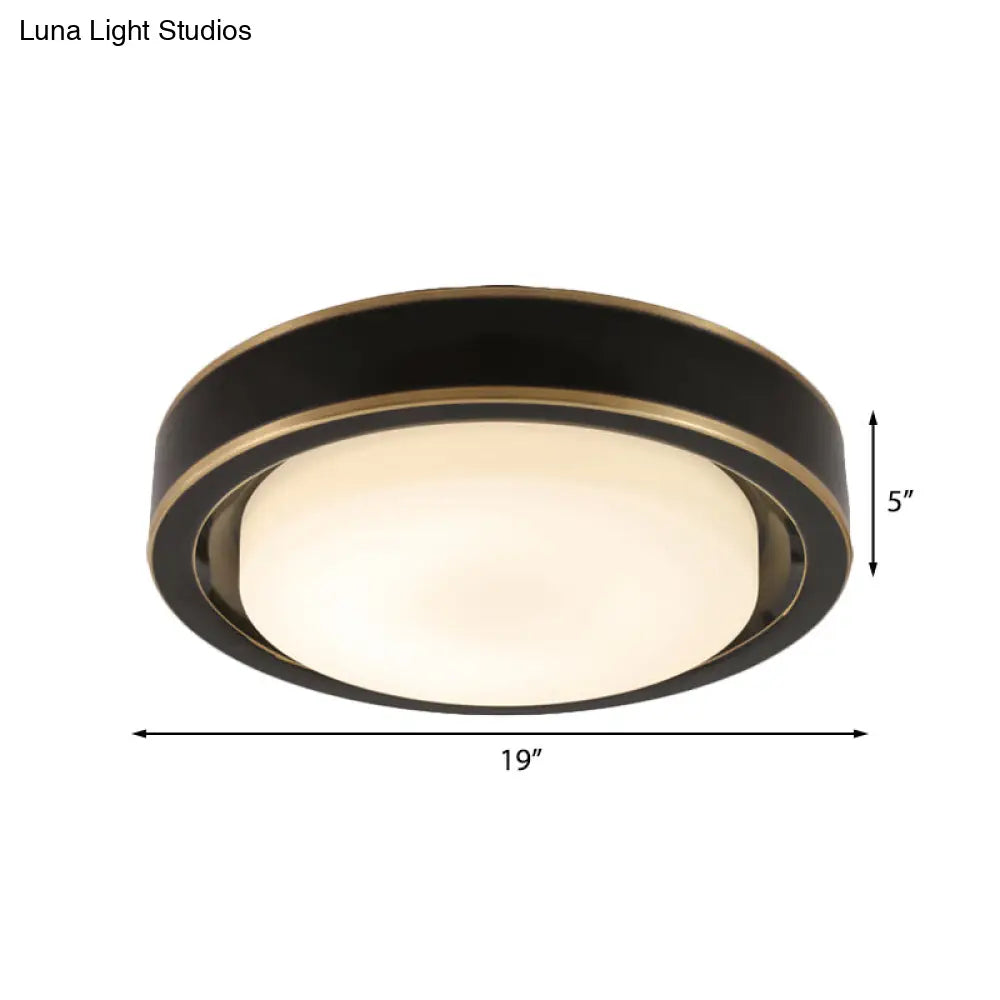 15/19 Black/Brass Drum Ceiling Light Fixture With Classic Frosted Glass And Led For Bedroom - Flush