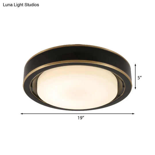 15/19 Black/Brass Drum Ceiling Light Fixture With Classic Frosted Glass And Led For Bedroom - Flush