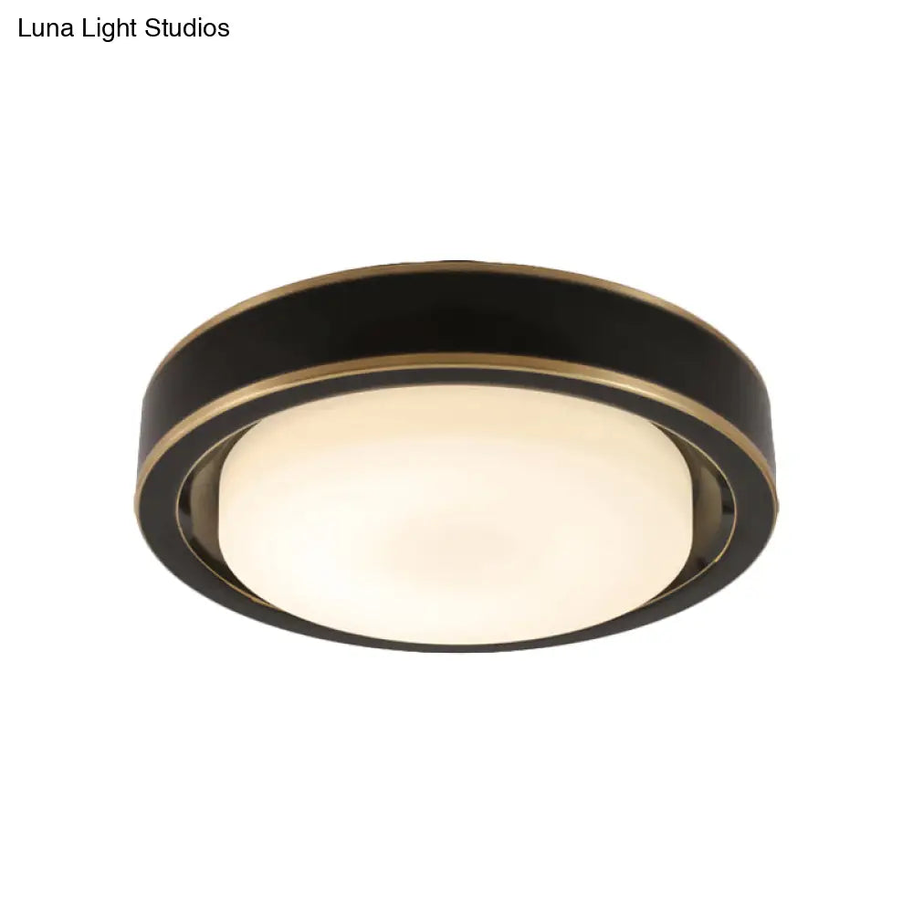 15’/19’ Black/Brass Drum Ceiling Light Fixture With Classic Frosted Glass And Led For Bedroom -