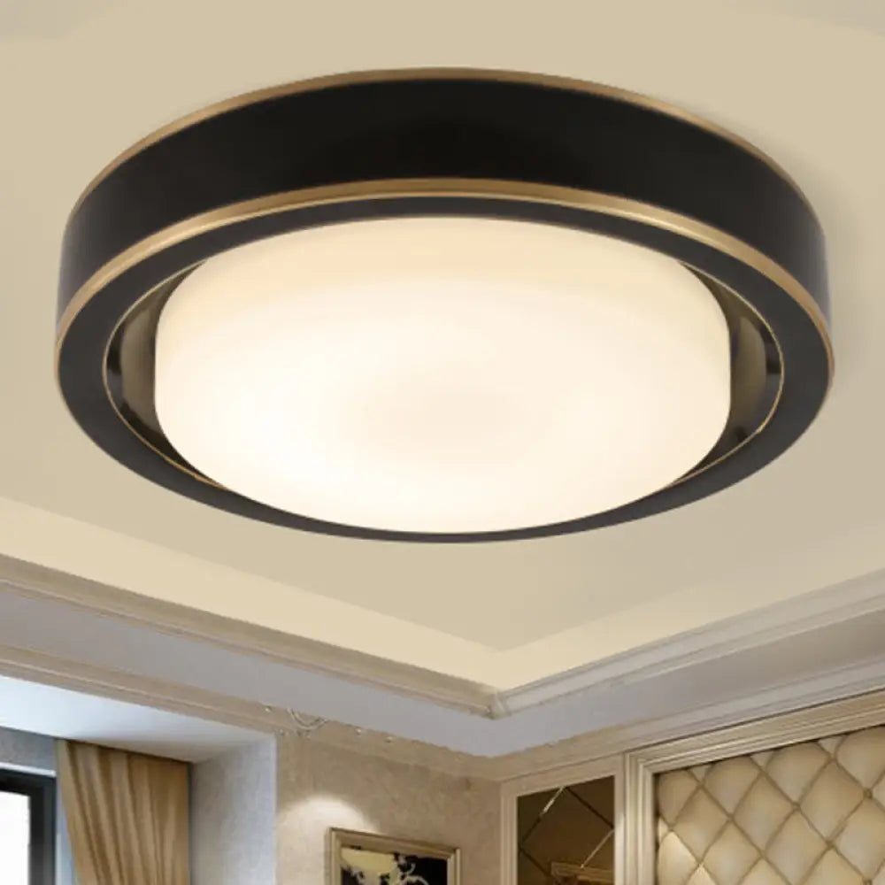 15’/19’ Black/Brass Drum Ceiling Light Fixture With Classic Frosted Glass And Led For Bedroom -