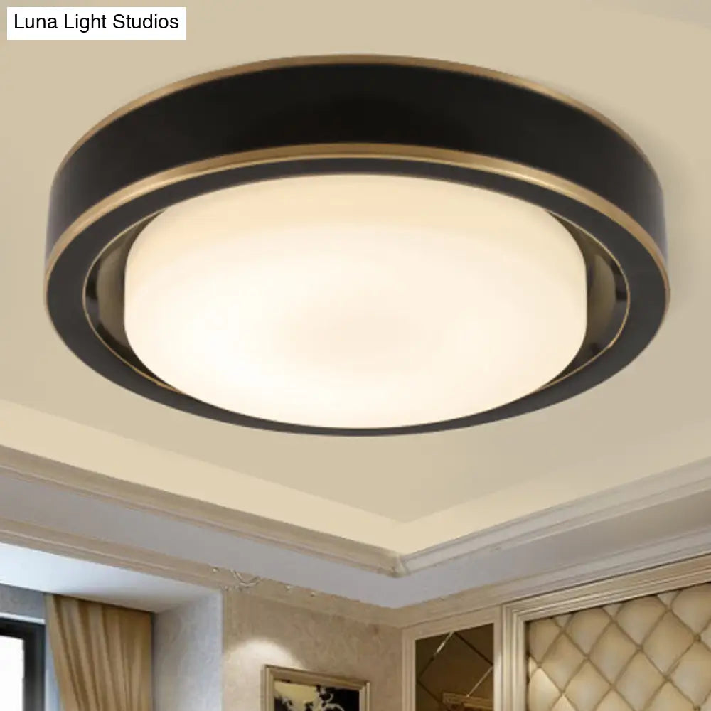 15/19 Black/Brass Drum Ceiling Light Fixture With Classic Frosted Glass And Led For Bedroom - Flush