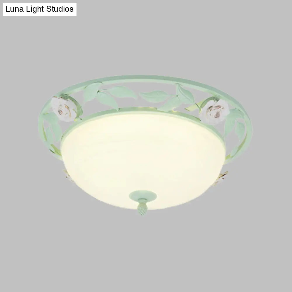 15/19 Korean Flower Metal Bowl Ceiling Light - 1 Head Flush Mount Fixture In Pink/Blue/Green