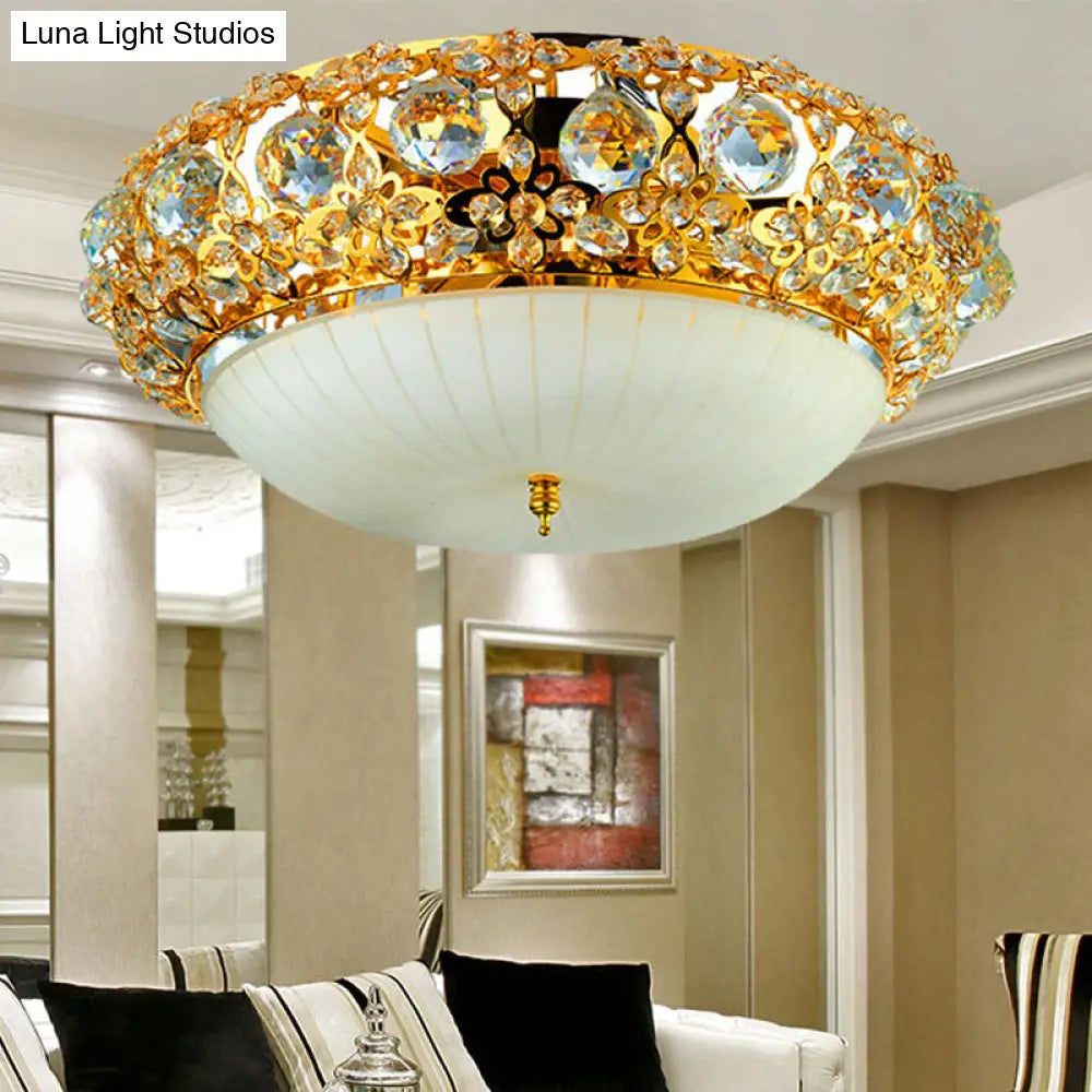 15/19 Semi Mount Clear Crystal Ceiling Fixture With Opal Glass Diffuser In Gold - Modern Lighting