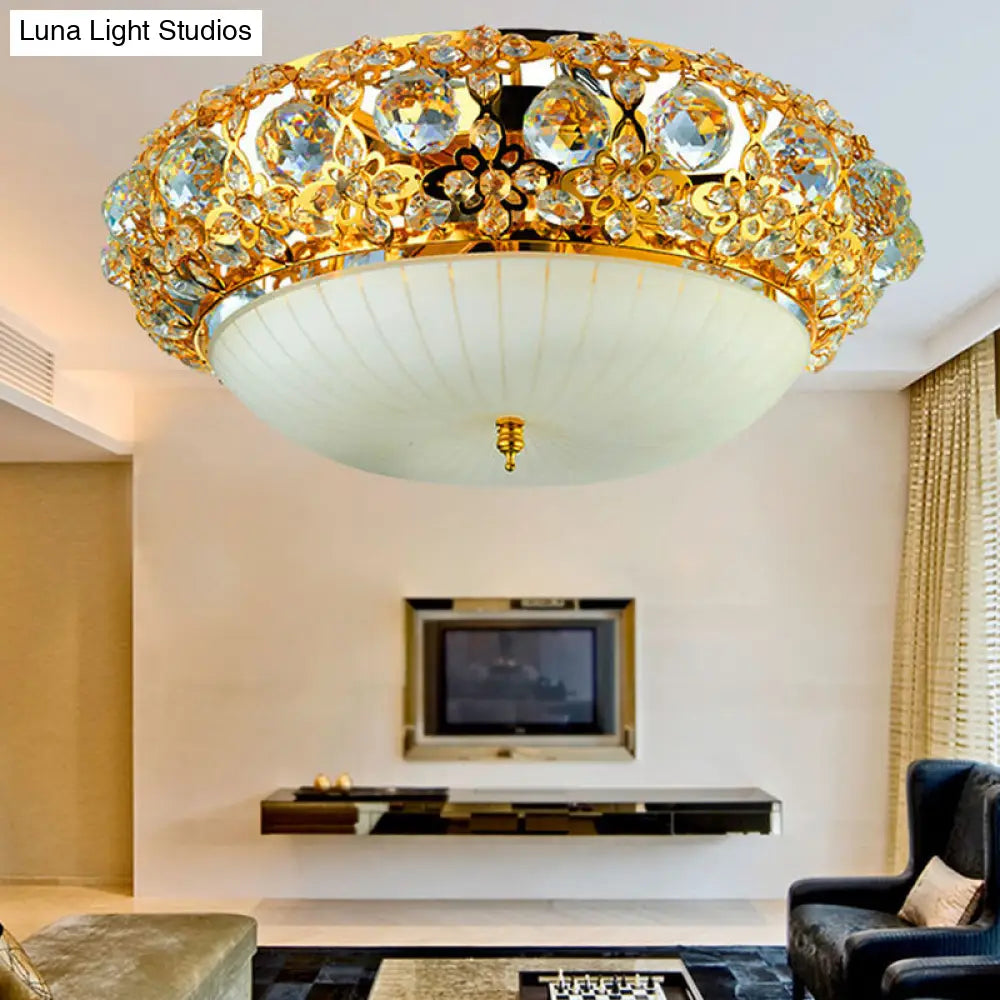 15/19 Semi Mount Clear Crystal Ceiling Fixture With Opal Glass Diffuser In Gold - Modern Lighting