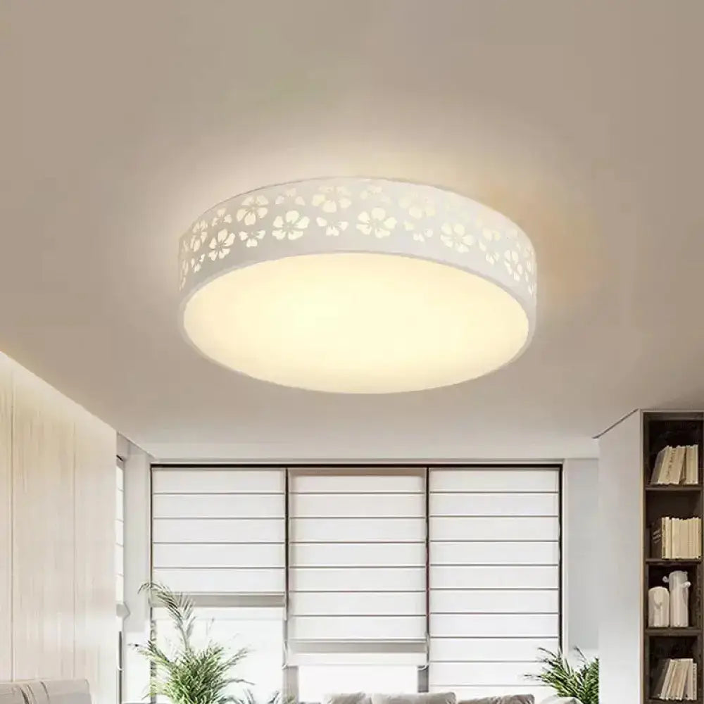 15’/19’ Wide Drum Metal Ceiling Lamp - Modern White Led Flush Mount Light With Cutout Flower